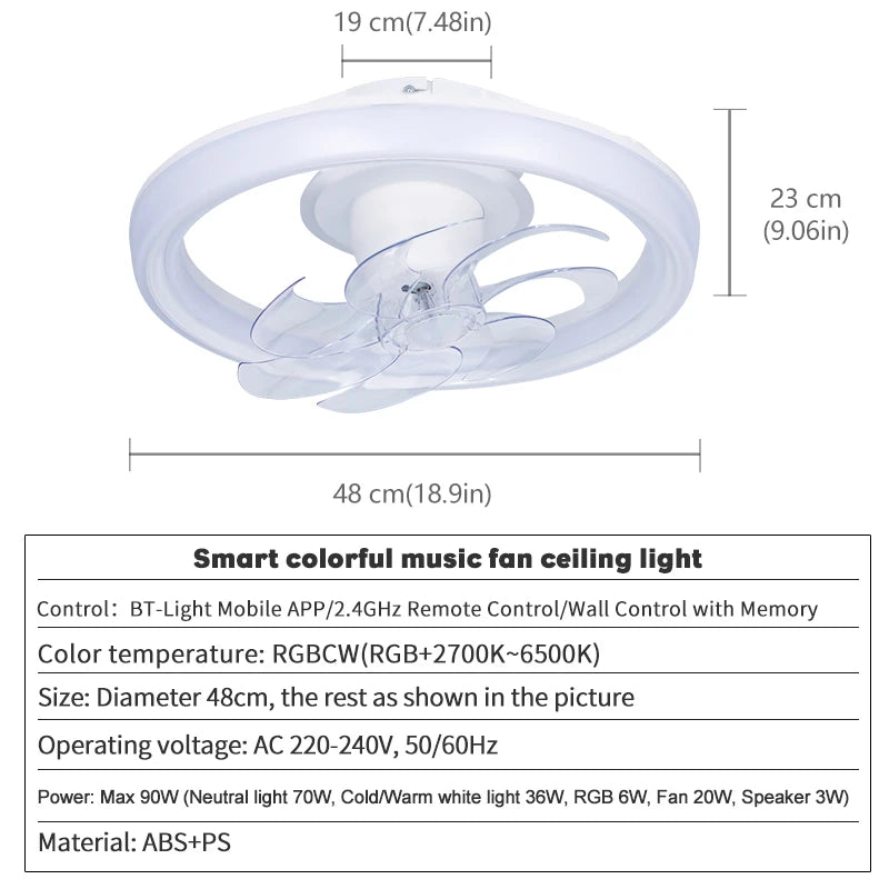 Ventilatore da soffitto a LED intelligente con altoparlante 360 °   Lampadario rotante moderno RGB con telecomando APP, lampadario a 6 velocità per interni domestici