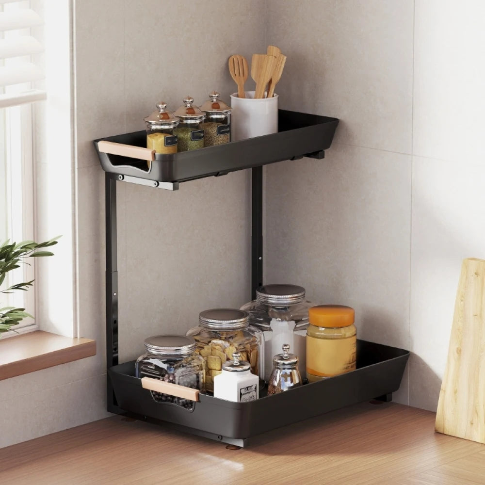 Scaffale da cucina, scaffale regolabile in altezza con 2 cestini, mobiletto per caffè 40 x 30 x 33,5-42 cm