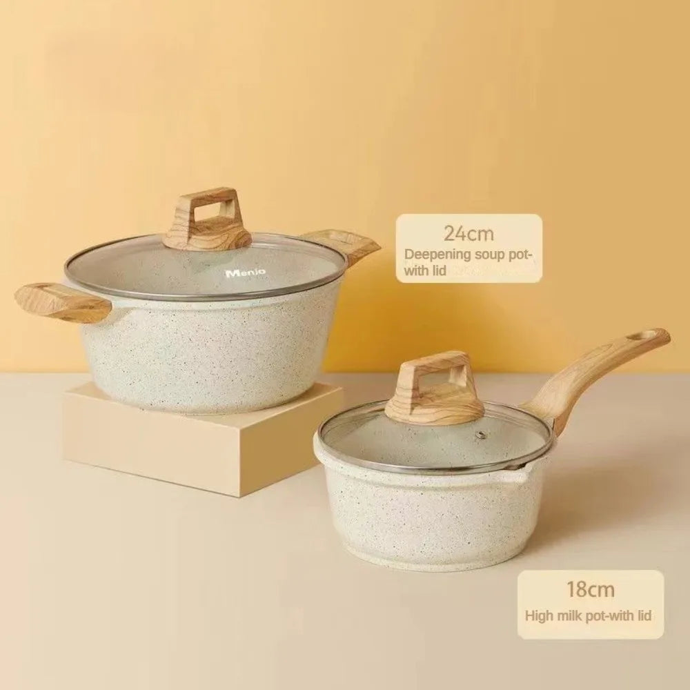 Set di 3-7 pentole e padelle Set di pentole antiaderenti Pentole a induzione in granito bianco Set da cucina antiaderente con padelle e casseruola