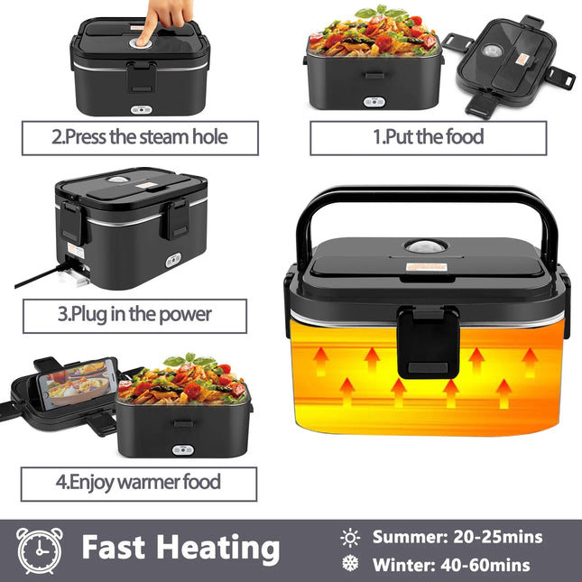 Electric Lunch Box 80W Fast Heating, 1.8L Portable Food Warmer for Car 12V & Home 220V, Leak-Proof Stainless Steel Food Heater with Insulated Bag and Utensils