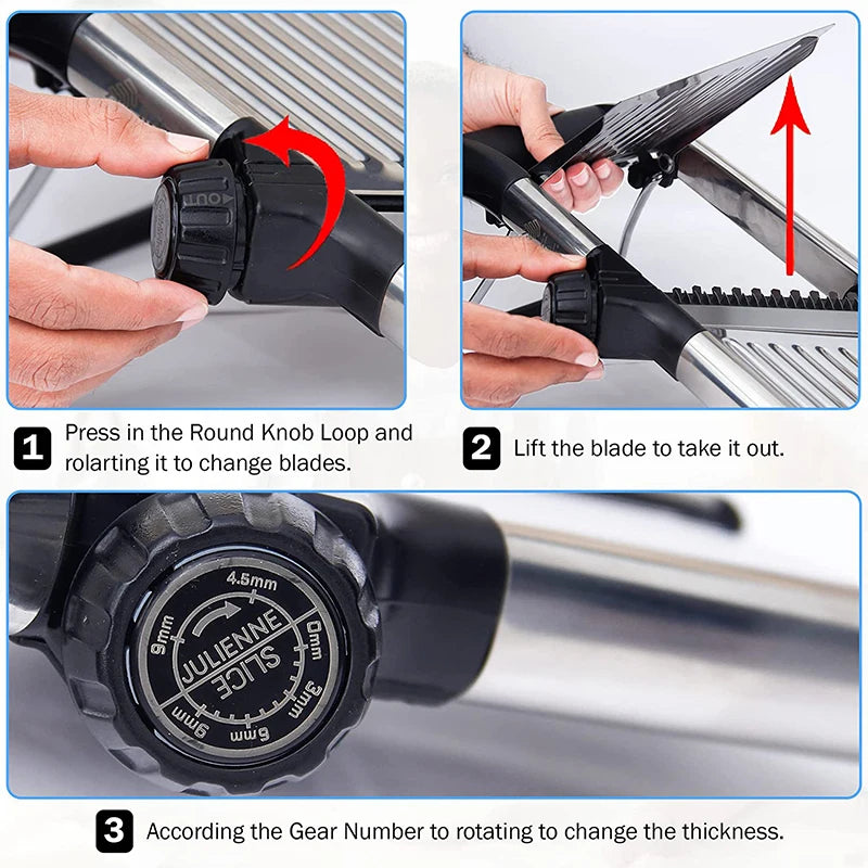 LMETJMA Einstellbarer Mandolinenhobel, Gemüseschneider aus Edelstahl, Kartoffel-, Tomaten-, Zwiebel-, Karottenschneider JT213