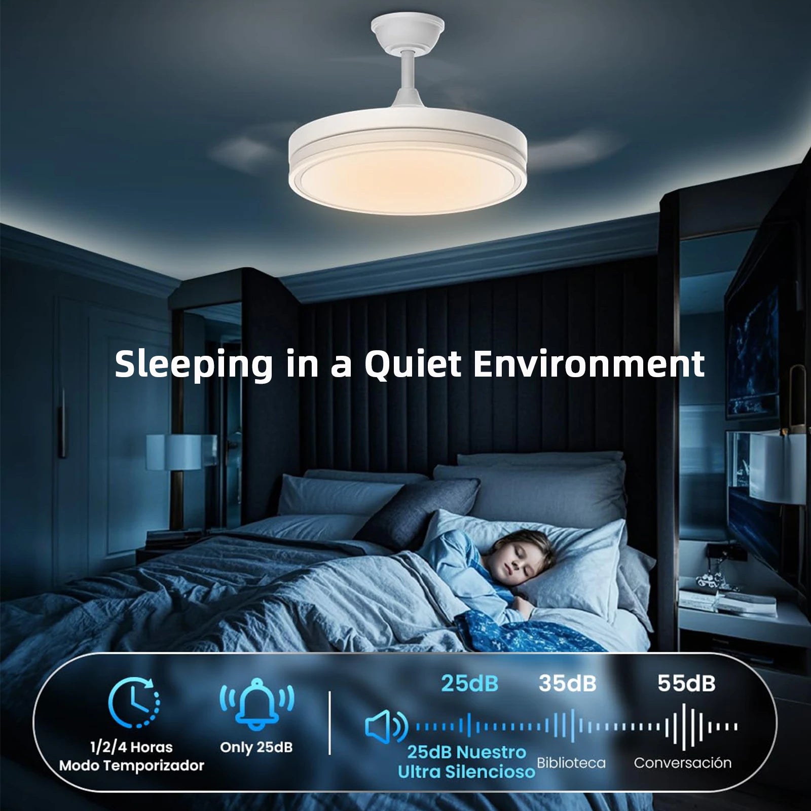 Ventilatore da Soffitto Moderno con Luce LED e Telecomando, 3 Colori Cambiabili, Pale Invisibili, Silenzioso, Decorazione Camera da Letto, Consegna Rapida da Magazzino Locale in Polonia