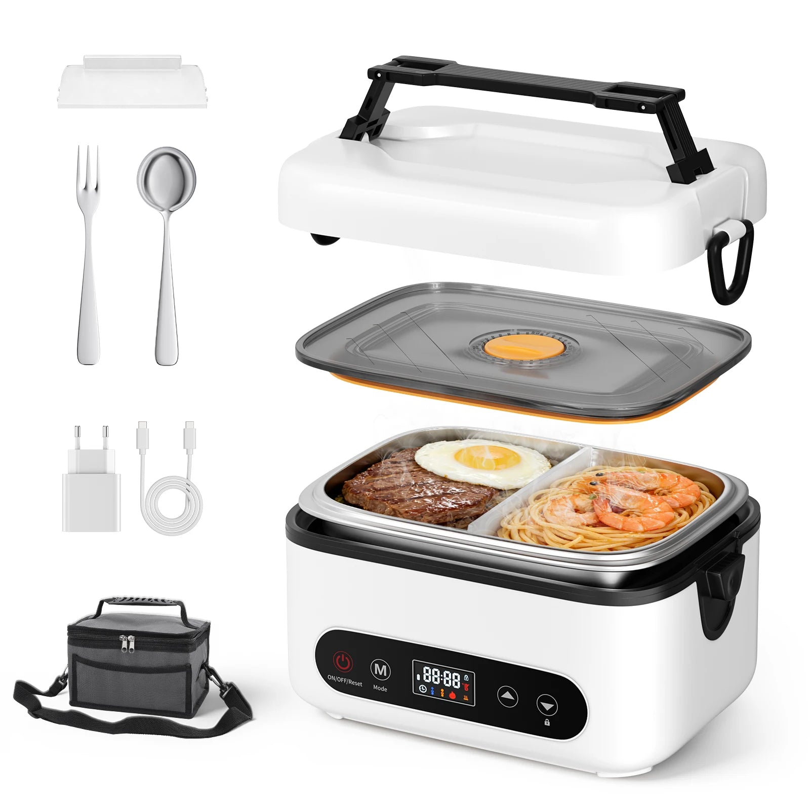 Tragbarer kabelloser Speisenwärmer 100/80/60W, schnelle Erwärmung, große Kapazität 1/1.2L, 4 Heizmodi mit Timer, 12000mAh für Büro und Reisen