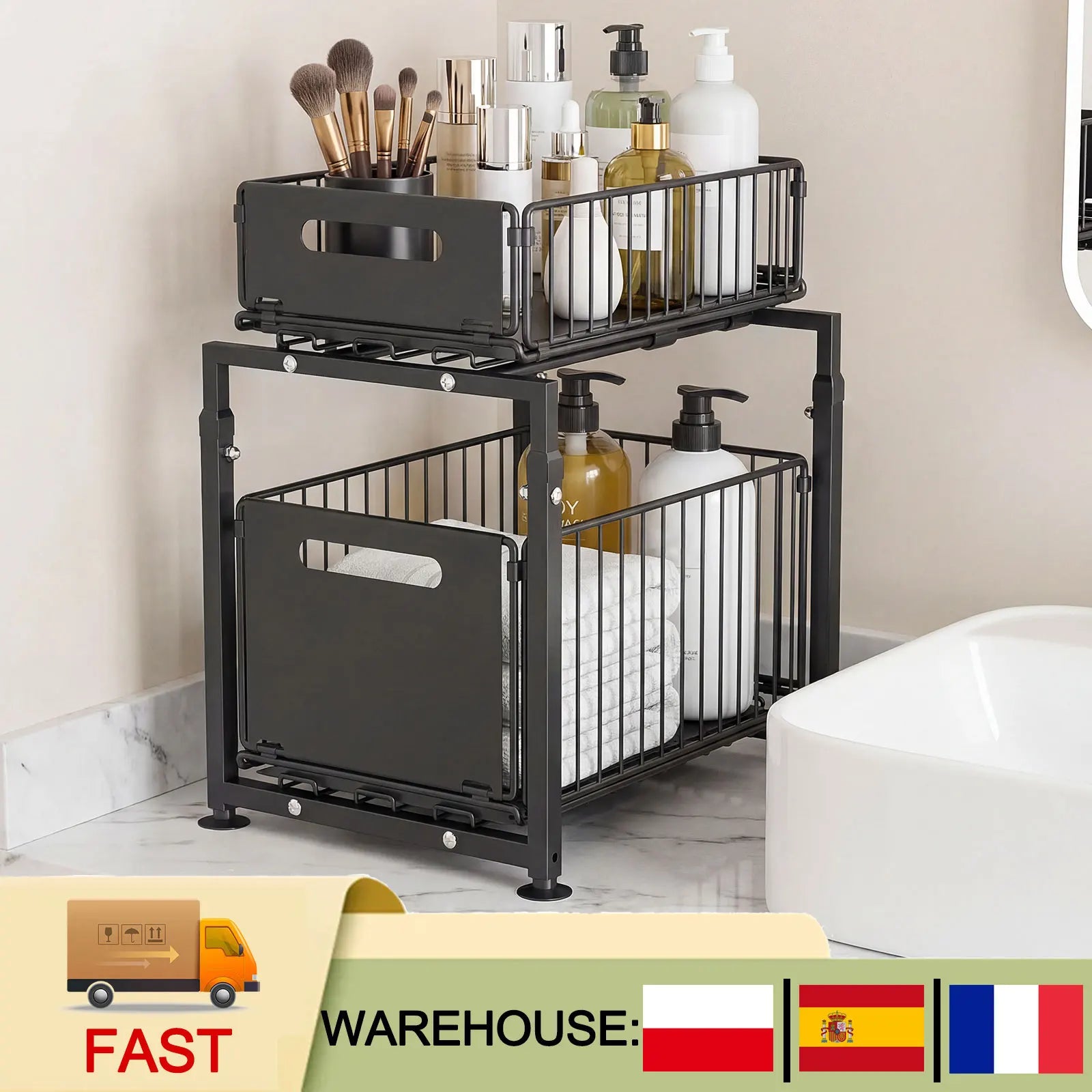 Organizzatore a 2 livelli sotto il lavello, design con ripiani scorrevoli per mobile da cucina, per ripiani ordinati e senza disordine