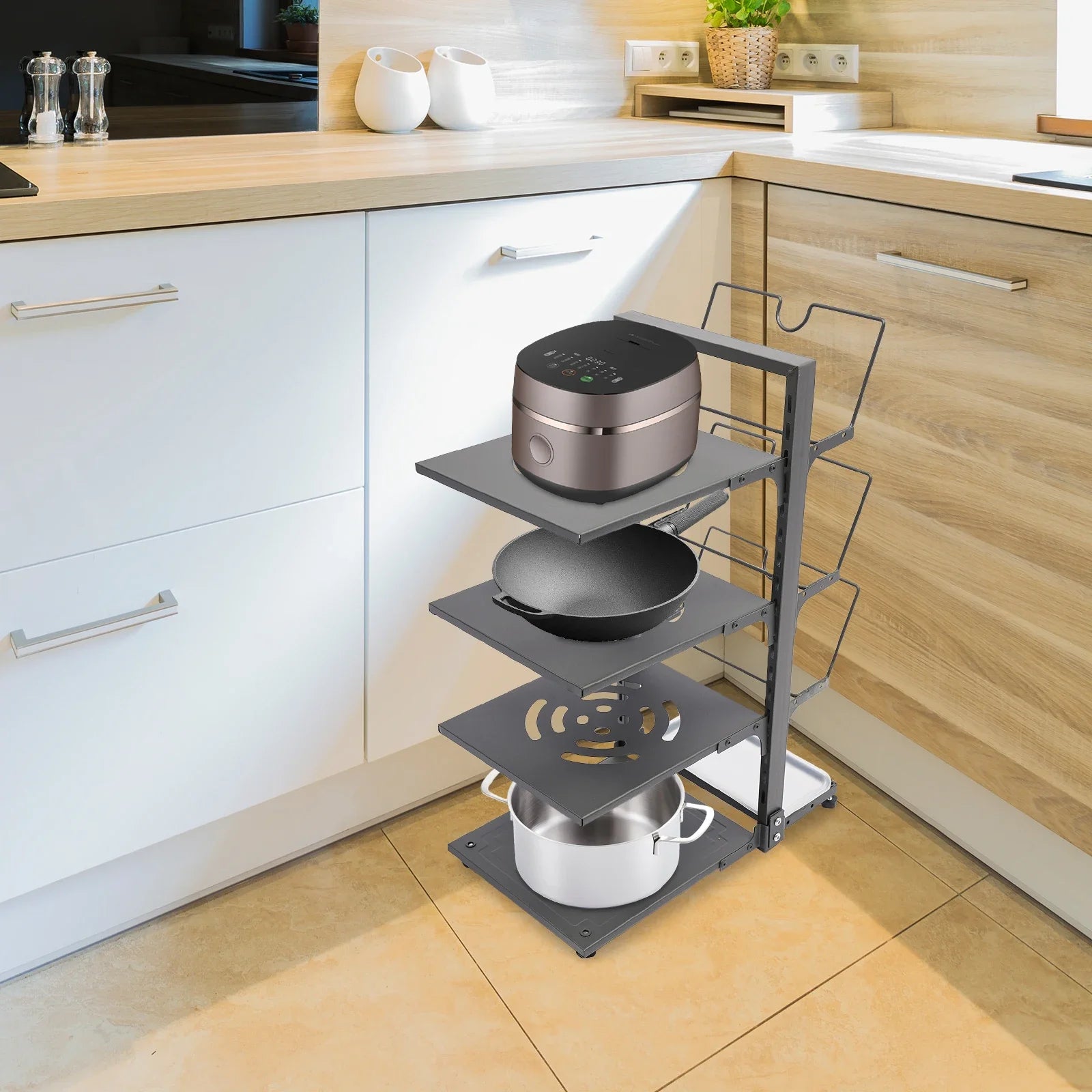 Portaoggetti da cucina per pentole e padelle a 4 livelli, grigio/nero salvaspazio
