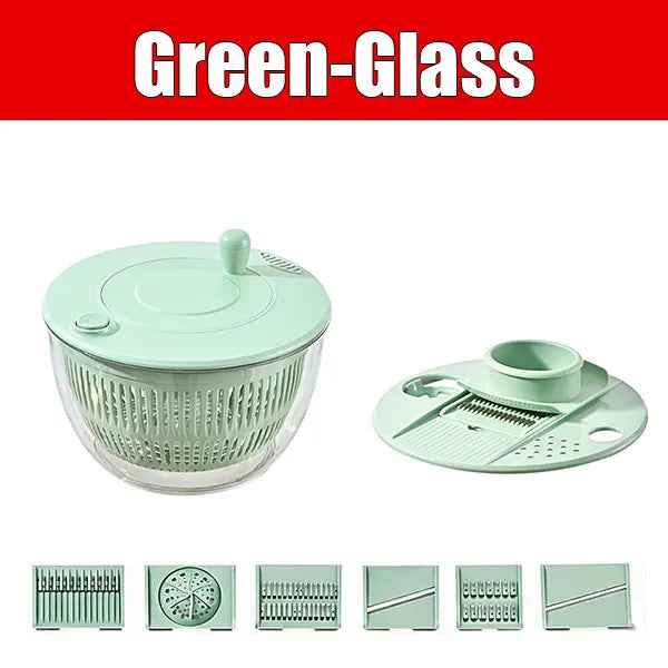 7-teiliges multifunktionales Salatschleuder-Set, Gemüsewascher, Gemüsehacker, Gemüseschneider, Reibe, Salatschüssel mit Deckel, Küchenhelfer