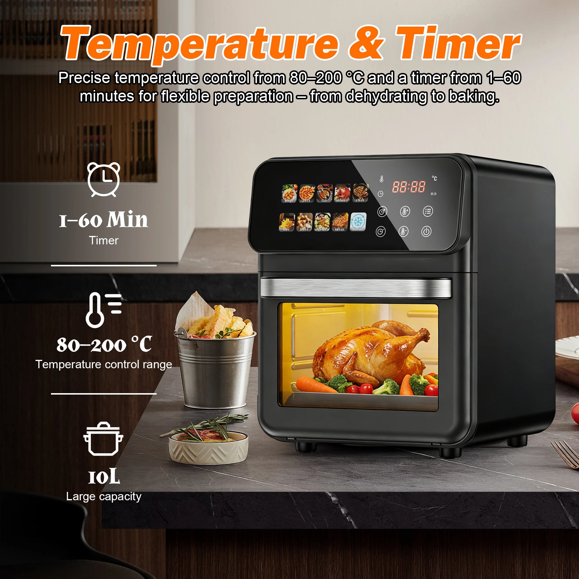 Digitale Heißluftfritteuse 10L, 1500W, 10 Programme, 80-200°C Sichtfenster, Timer, Innenbeleuchtung, Antihaftbeschichtung