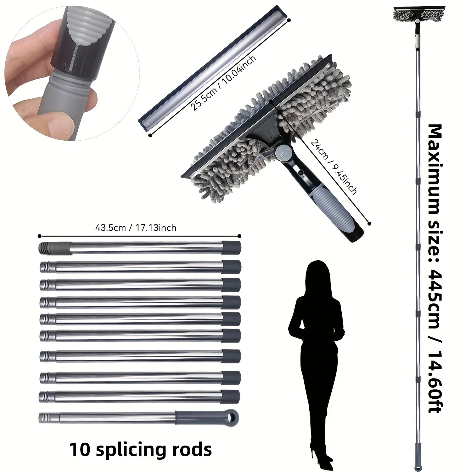 1 pz 2-in-1 pulitore per finestre a molti piani riutilizzabile tergipavimento e asta estensibile per lavaggio del vetro bordo in acciaio inossidabile
