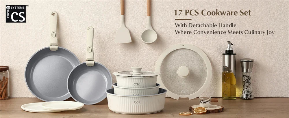 KOCH SYSTEME CS Set di pentole antiaderenti 17 pezzi Set di pentole e padelle con manico staccabile Pentole antiaderenti a induzione Pentola per salsa da cucina