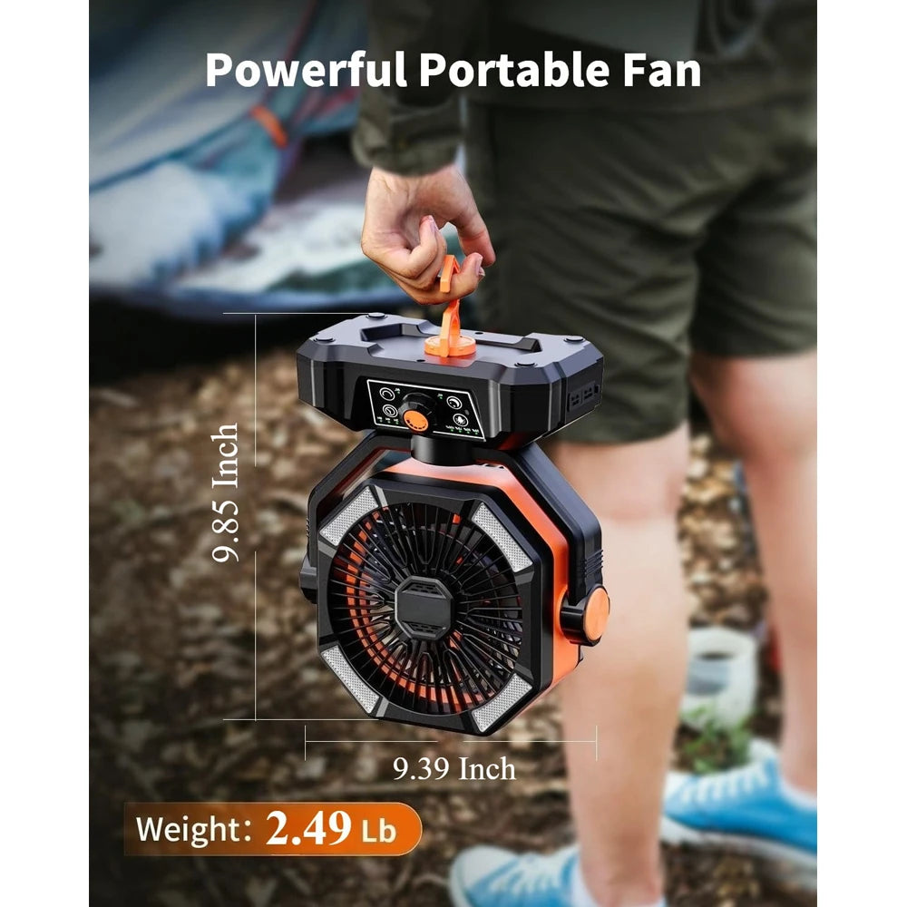 Ventilatore da campeggio con batteria da 20000 mAh con lanterna a 4 LED Ventilatore da tavolo a 8 velocità Ventilatore da esterno portatile per tenda da campeggio all'aperto e pesca