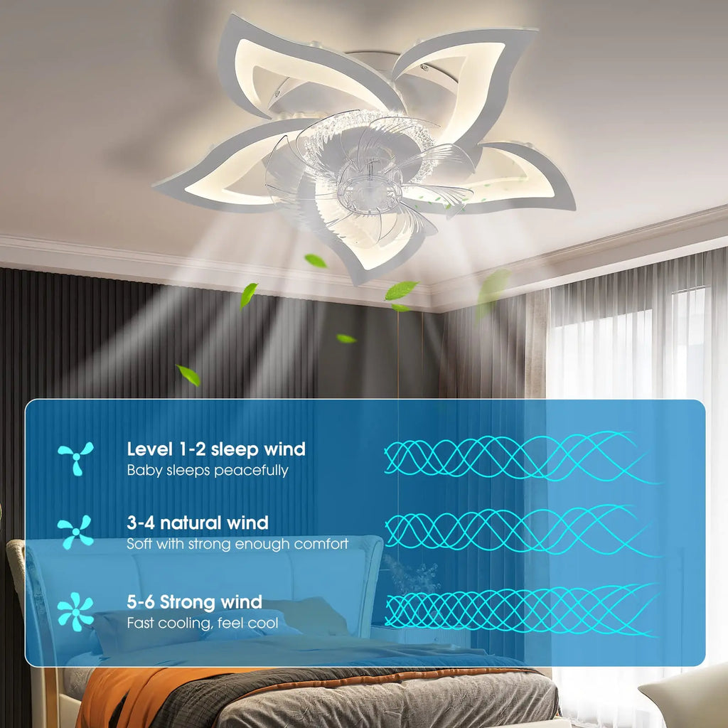 Ventilatore da soffitto con lampada LED, in acrilico a forma di loto, 6 velocità, silenzioso, a risparmio energetico, con luce integrata