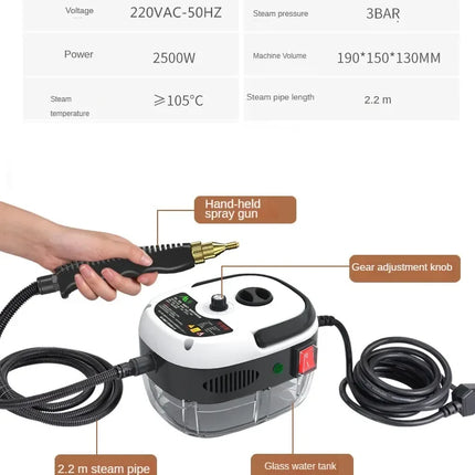 2500W Pulitore a vapore portatile ad alta pressione per sterilizzazione ad alta temperatura per condizionatore d'aria, cucina, auto e casa