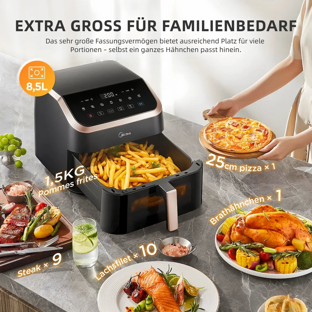 Midea XXL Heißluftfritteuse 8,5 L - 8-in-1, mit Sichtfenster, bis zu 200°C, ölfrei, spülmaschinenfest, Schwarz/Roségold.