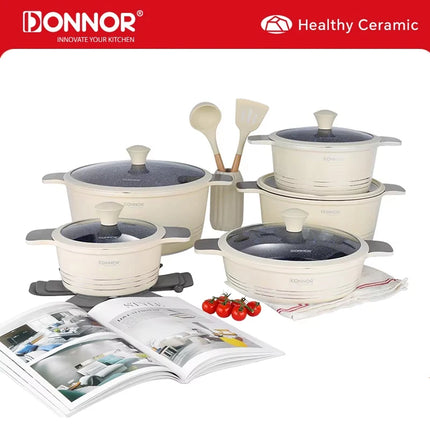 DONNOR 15 Pezzi Set di Pentole in Ceramica Pentole e Padelle Set Cucina a Induzione Antiaderente Salvaspazio Pentole Set Induzione RV Set JT445