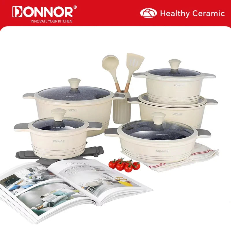 DONNOR 15-teiliges Keramik-Kochgeschirr-Set Töpfe und Pfannen Set Antihaft-Induktionsküche Platzsparendes Kochgeschirr-Set Induktion RV-Set JT445