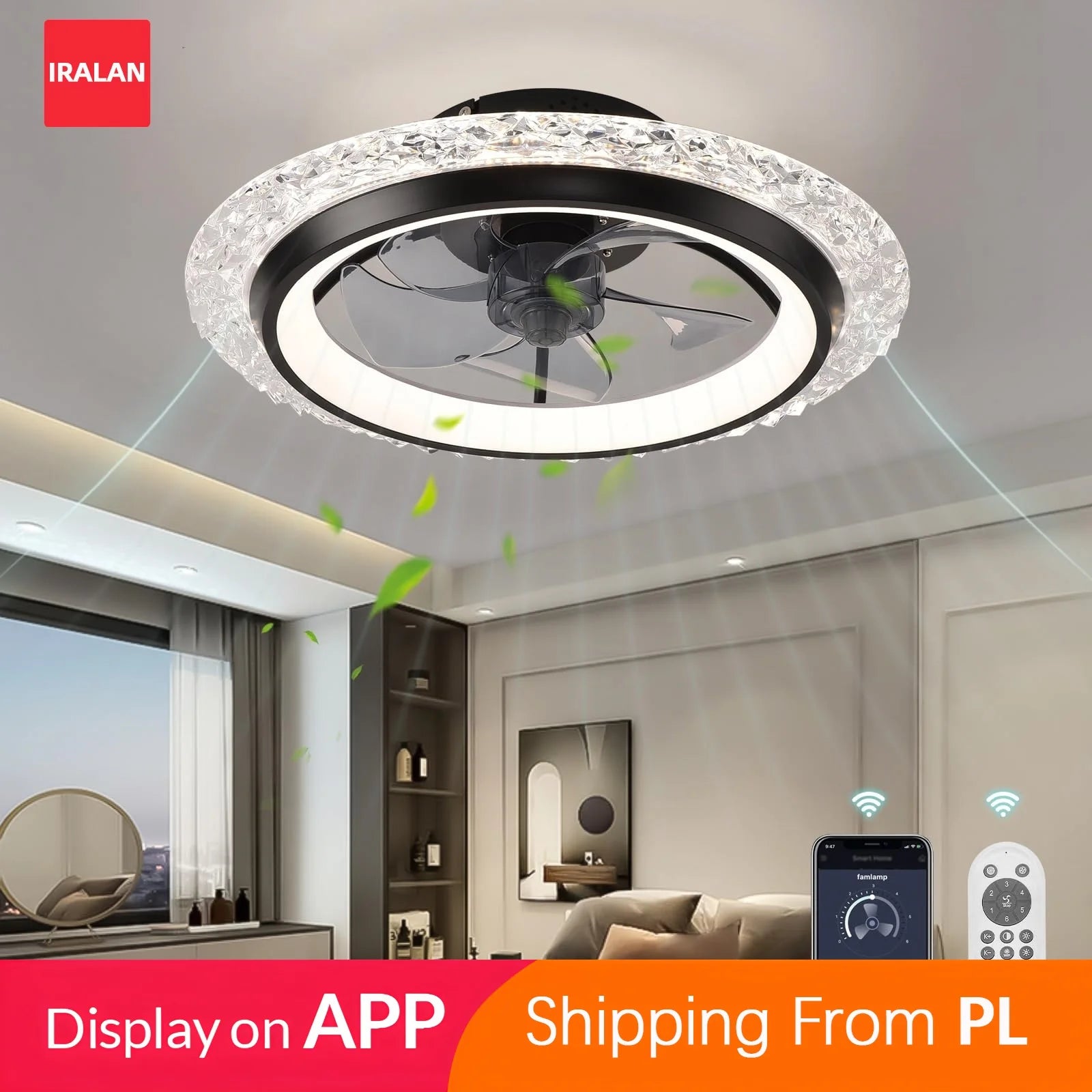 Ventilatore da Soffitto IRALAN con Luce e Telecomando, Ventilatore Elettrico Smart con App, Ventilatori da Soffitto per Raffreddamento Domestico, Lampada a LED da Soffitto