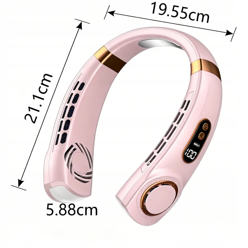 Ventilatore da collo portatile senza pale, mini raffrescatore d'aria silenzioso ricaricabile tramite USB con display digitale a LED, 5 velocità regolabili, 360° °   Raffreddamento a 360°, luci RGB colorate, ventilatore po