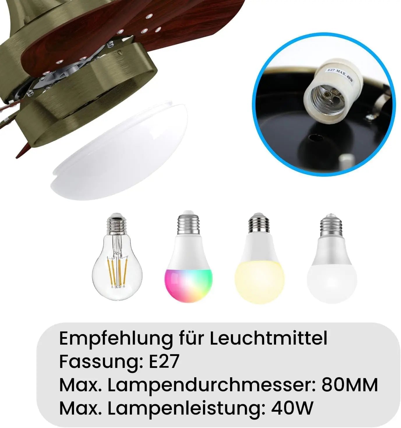 Ventilatore da soffitto a 6 pale E27 con luce, verde antico, lampadina non inclusa