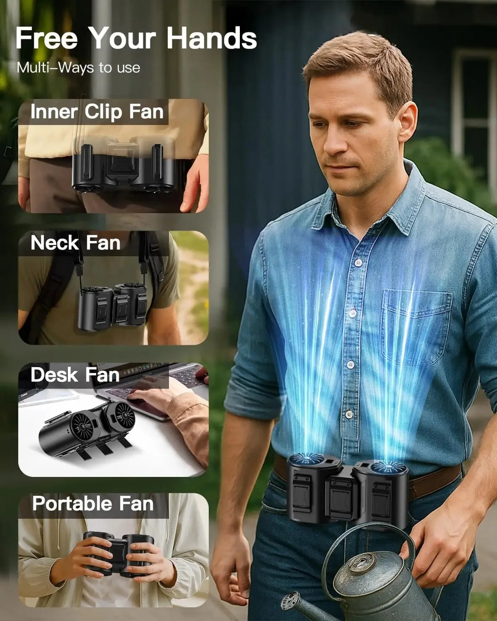 Ventilatore 2-in-1 Staccabile con Clip da Cintura e Cordino da Collo, Potente Ventilatore Ricaricabile da 10000mAh per Lavoro all'Aperto, Campeggio, Pesca