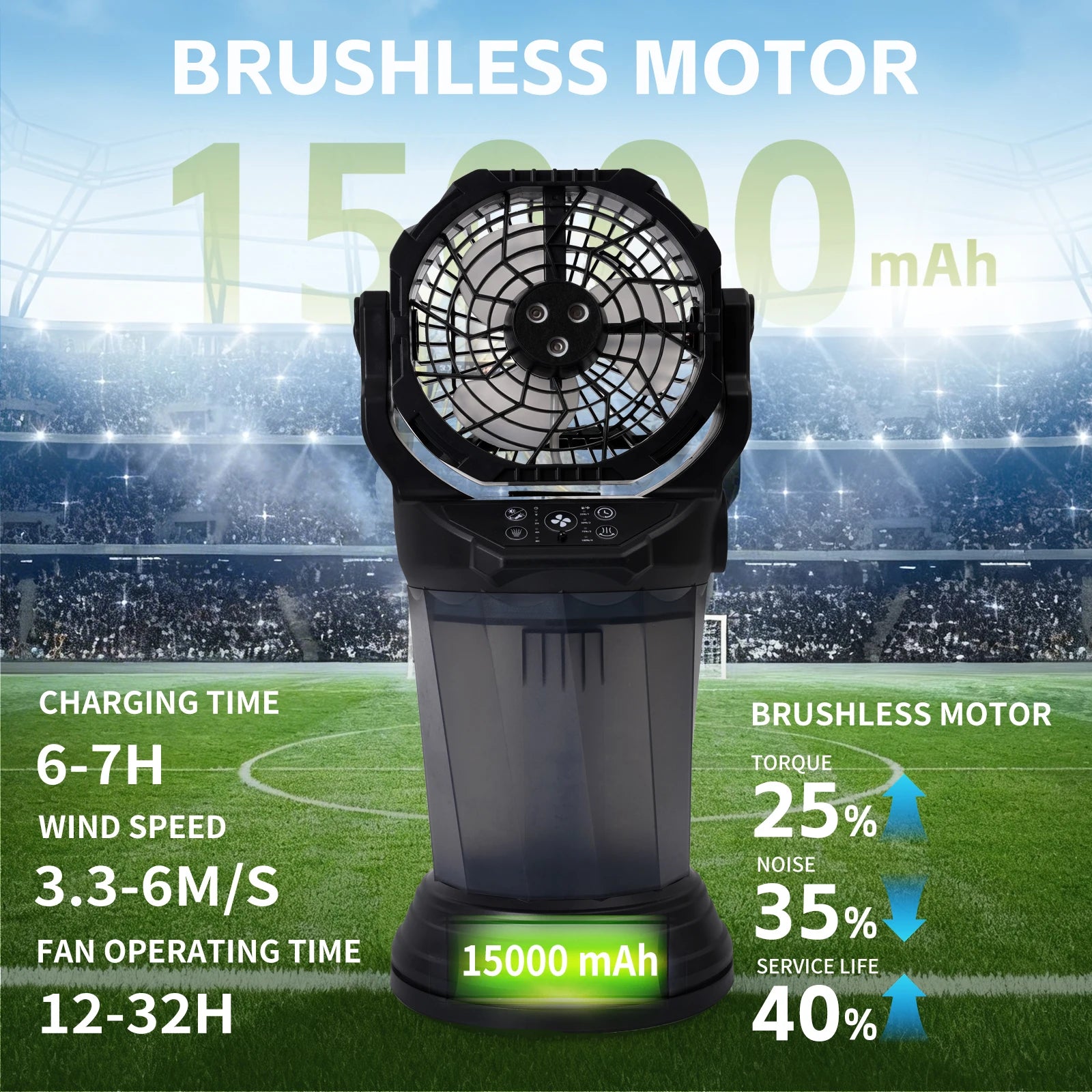 Ventilatore da campeggio per esterni da 15000 mAh con funzione spray, 4 velocità, luce LED e torcia, nero/arancione/verde
