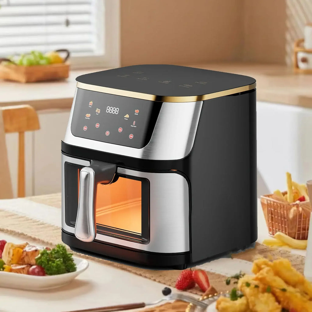 8L elektrische Heißluftfritteuse aus Edelstahl, großes sichtbares Fassungsvermögen, multifunktionaler Ofen, LED-Touchscreen, 210 °C hohe Temperatur