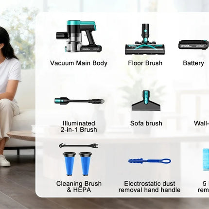 Cordless stick vacuum cleaner, free-standing, 58Kpa/55 min/10-in-1, with LED light brush for pet hair/carpets