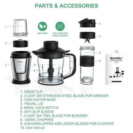 BioloMix 700W Robot da Cucina 3 in 1 Multifunzionale a Immersione Frullatore a Immersione Spremiagrumi Frullatore Tritatutto per Alimenti Macinacaffè per la Cucina