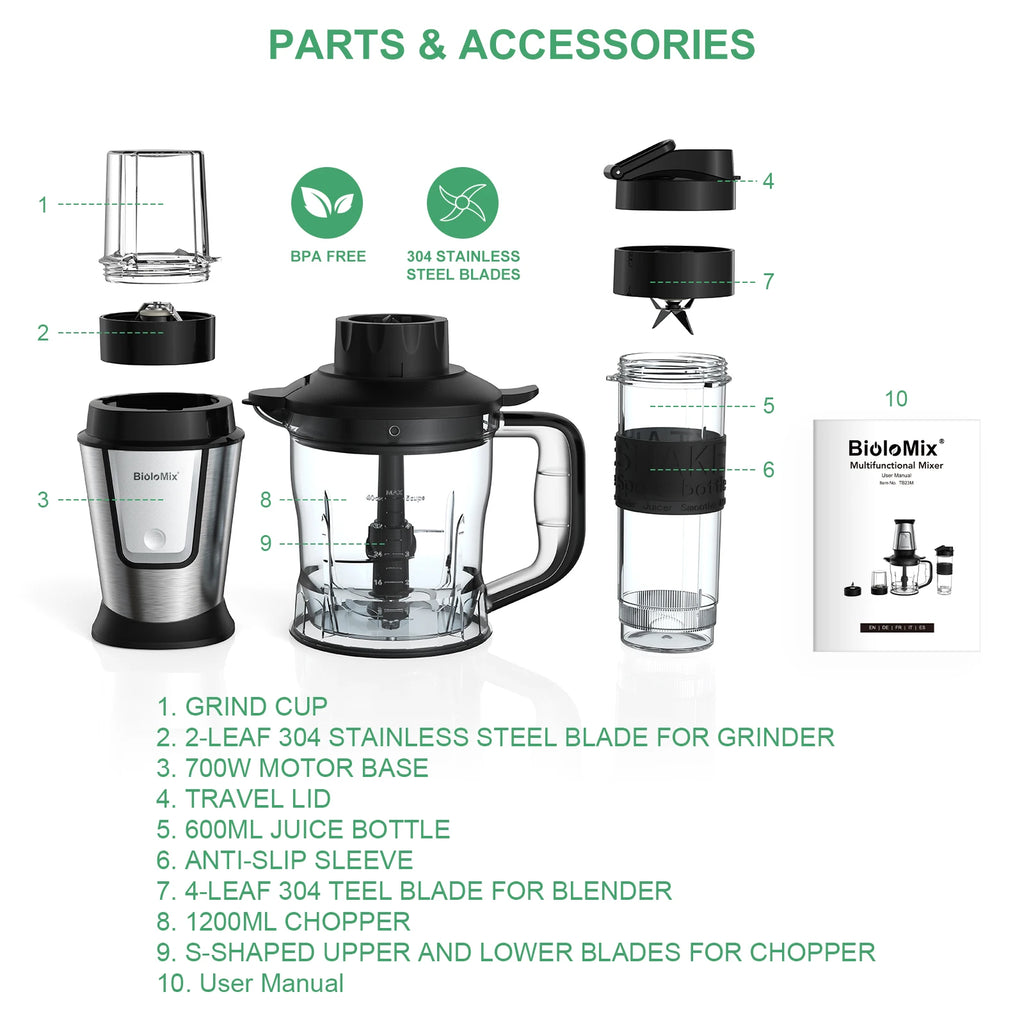 BioloMix 700W 3-in-1 Multifunktionaler tragbarer Küchenroboter Entsafter Mixer Smoothie Mixer Lebensmittelhacker Trockenmühle für die Küche
