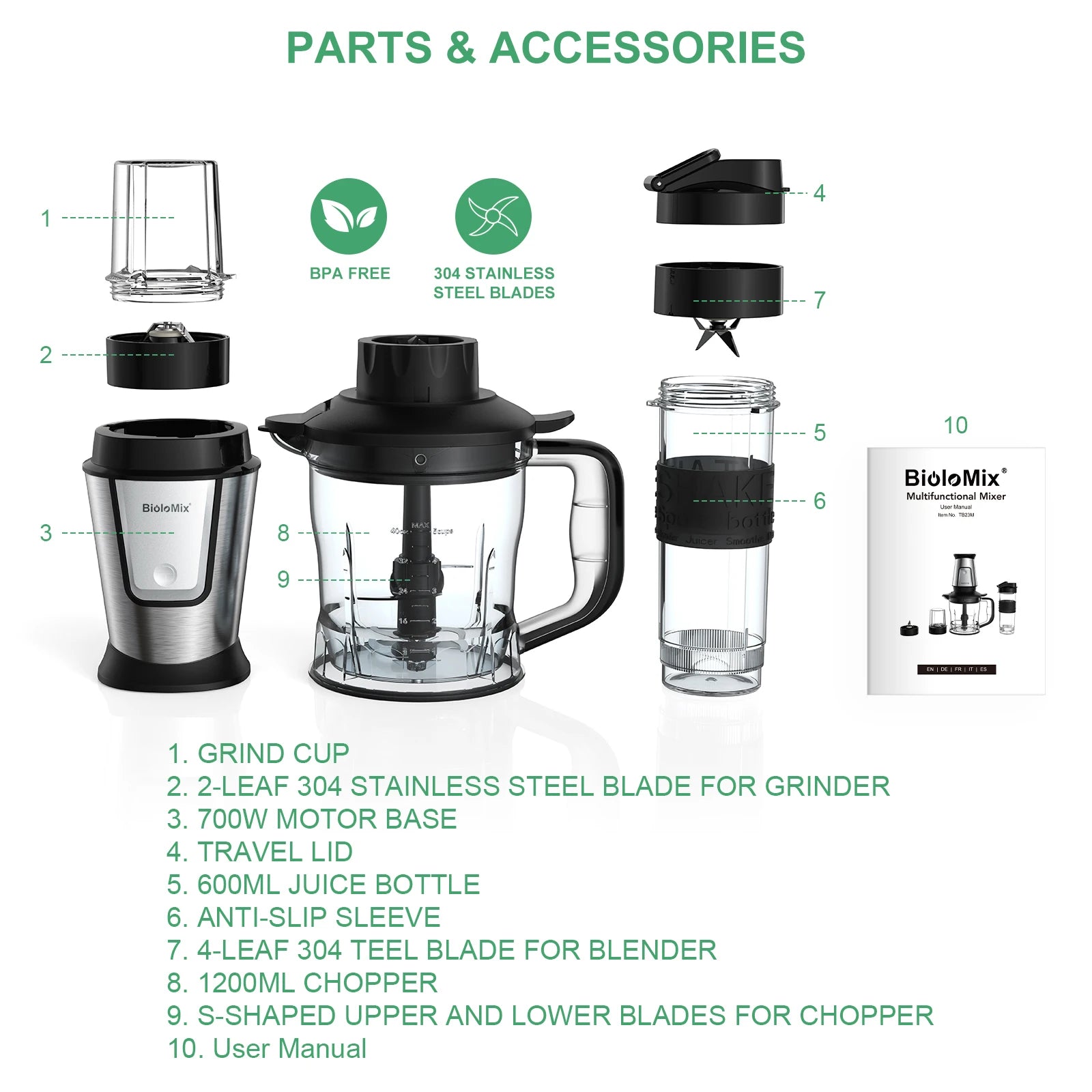 BioloMix 700W 3-in-1 Multifunktionaler tragbarer Küchenroboter Entsafter Mixer Smoothie Mixer Lebensmittelhacker Trockenmühle für die Küche