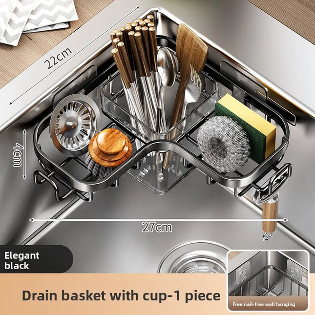 Carbon Steel Kitchen Sink Drain, Wall-Mounted Corner Rag Storage Rack, No Drilling, Waterproof Space Saver