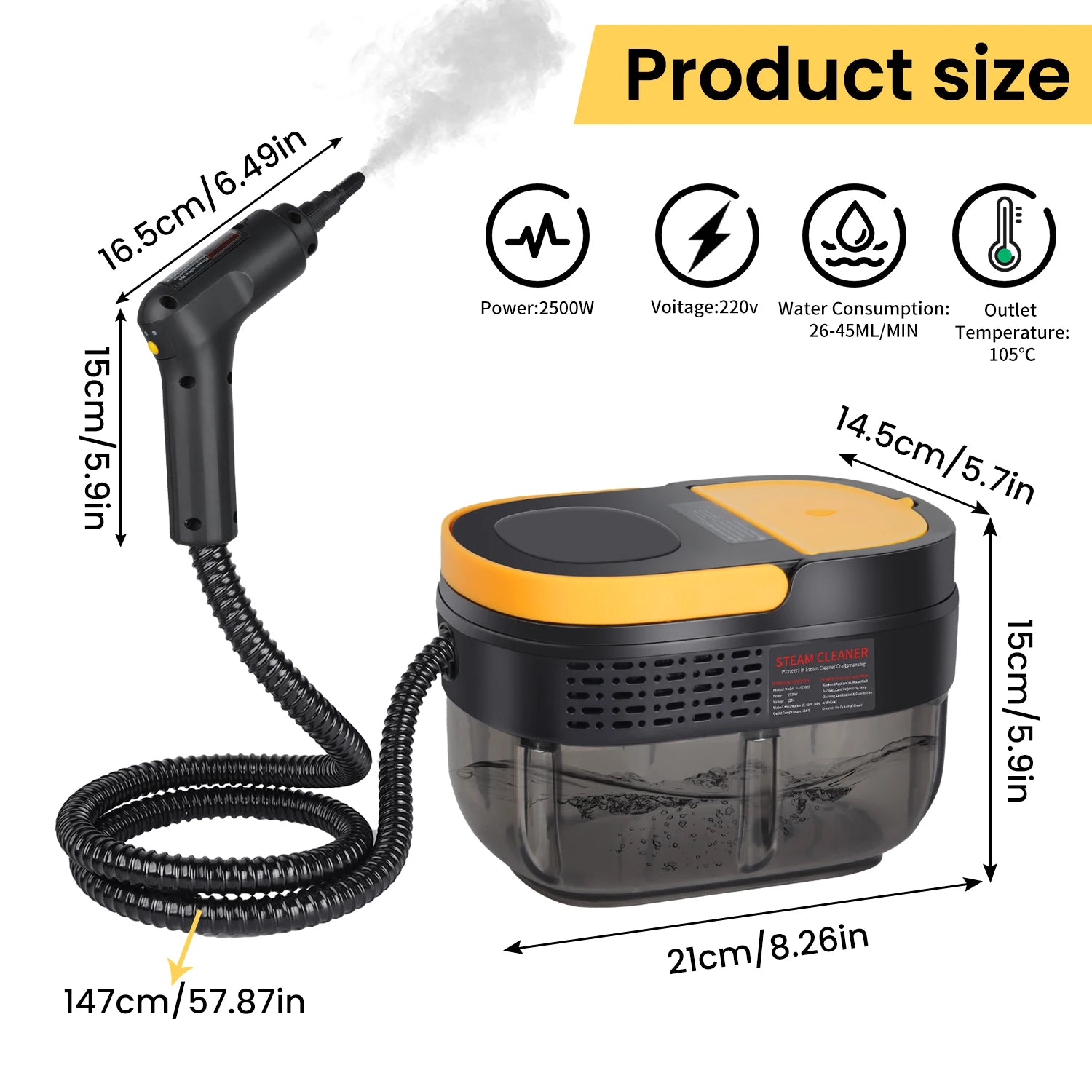 Handdampfreiniger 2500W, 3 Bar Druck, 100℃ Hochtemperatur-Sterilisator mit 3 Geschwindigkeiten und 1600ML Tank für die Reinigung von Haus, Küche und Böden