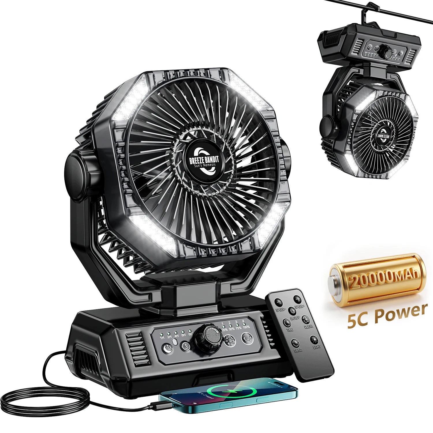 Ventilatore da Campeggio 20000mAh con Lanterna LED, Ventilatore da Tavolo a 8 Velocità con Telecomando, Ventilatore Portatile da Esterno con Gancio per Tenda, Interruzioni di Corrente, Cantiere