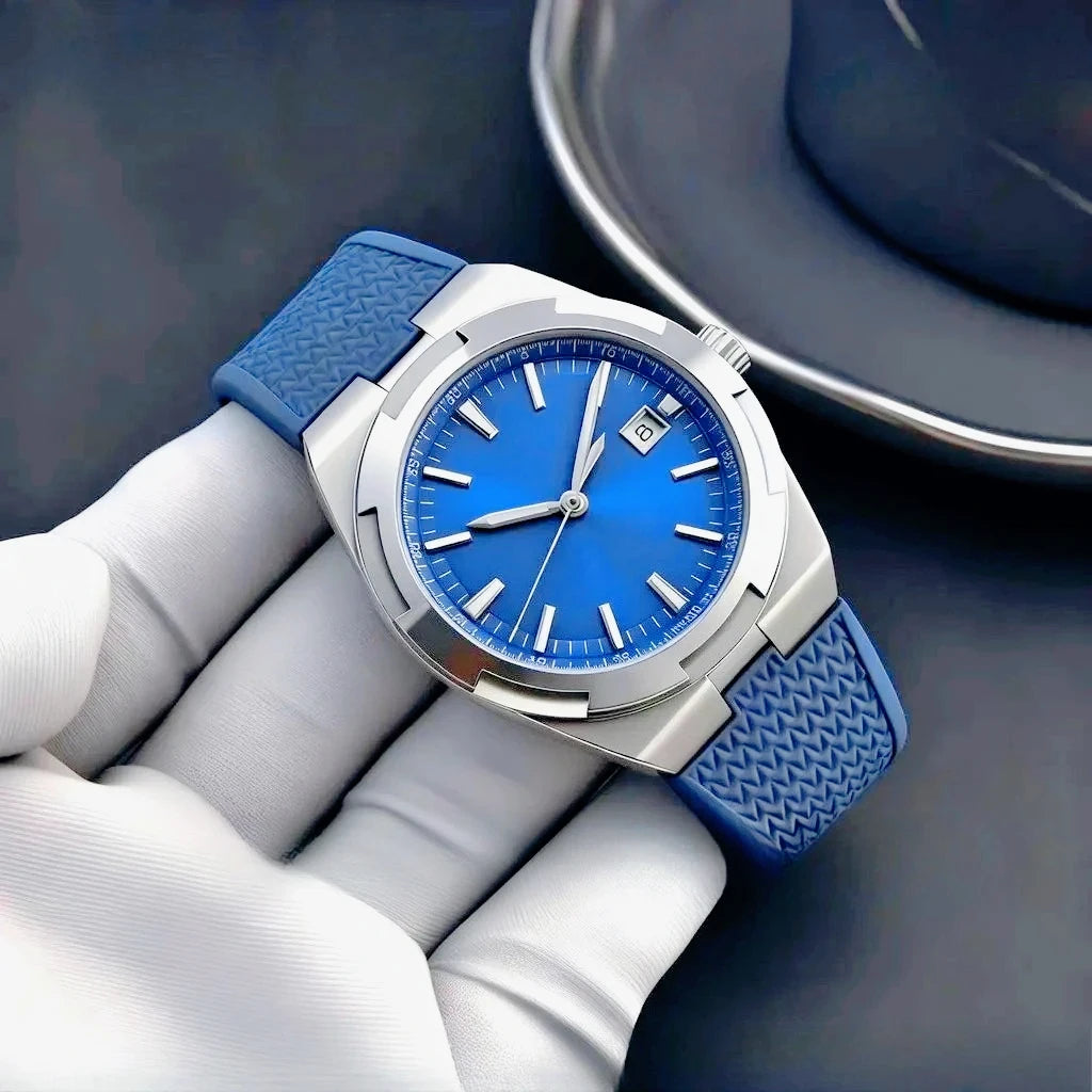 Moderne und elegante Herren-Sportuhren mit automatischem mechanischem Uhrwerk, präzisem und zuverlässigem Uhrwerk, internationalem Reise-Stil, schwarzem und blauem Zifferblatt