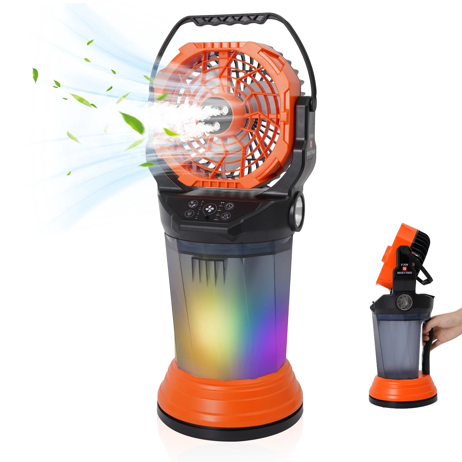 Ventilatore Nebulizzatore da Campeggio per Esterni con Lanterna, Spray Nano ABS+PP, 15000mAh, 2000ml, Torcia LED RGB Brushless, 4 Velocità, Verde/Arancione/Nero
