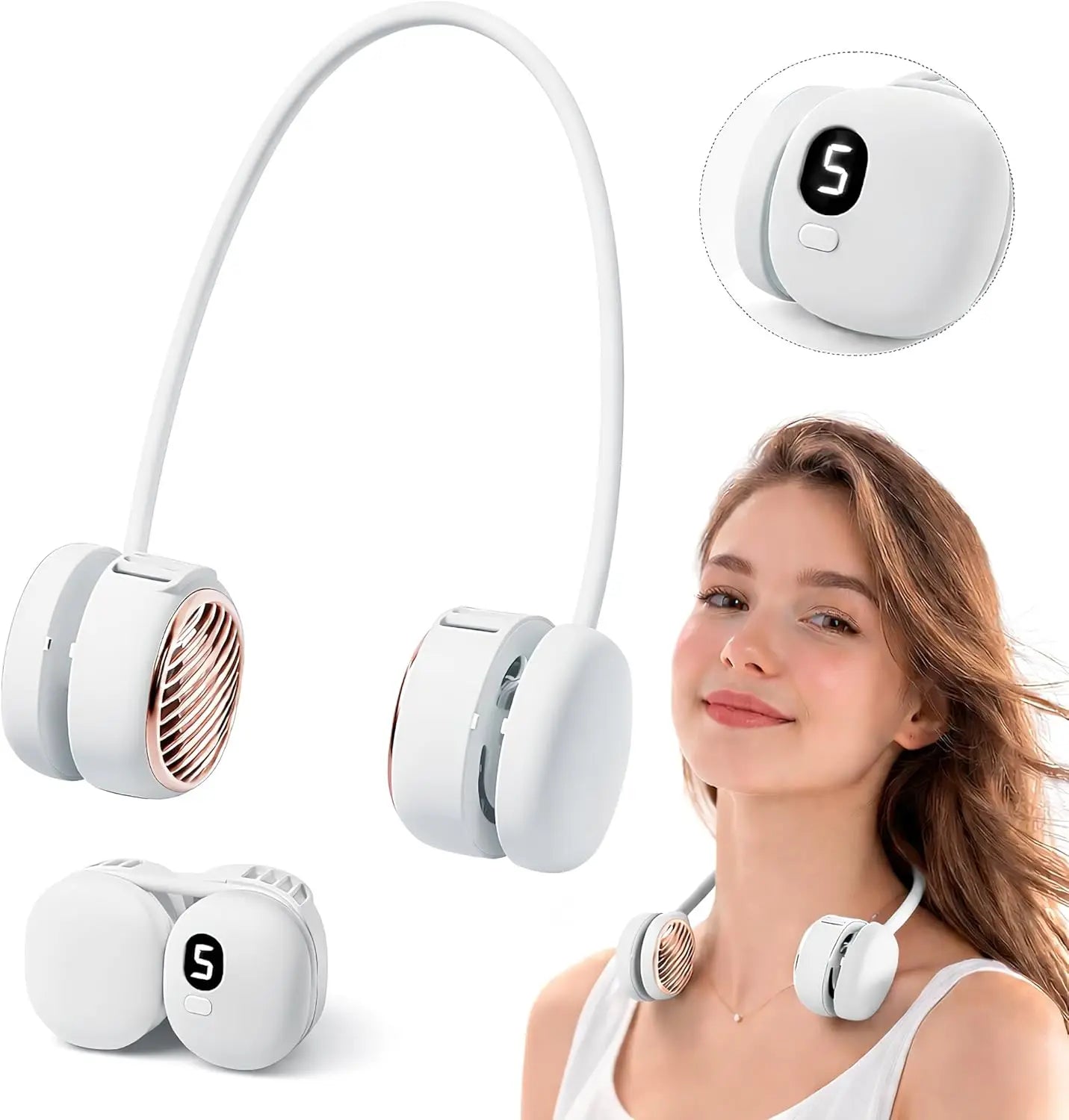 Ventilatore da collo senza pale Dual-Turbo a 5 velocità USB-C, portatile, in silicone, silenzioso, ricaricabile, 165g