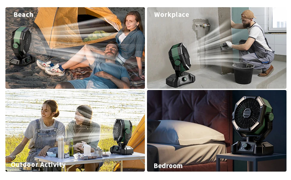 Ventilatore da campeggio con batteria da 20000 mAh con lanterna a 4 LED Ventilatore da tavolo a 8 velocità Ventilatore da esterno portatile per tenda da campeggio all'aperto e pesca
