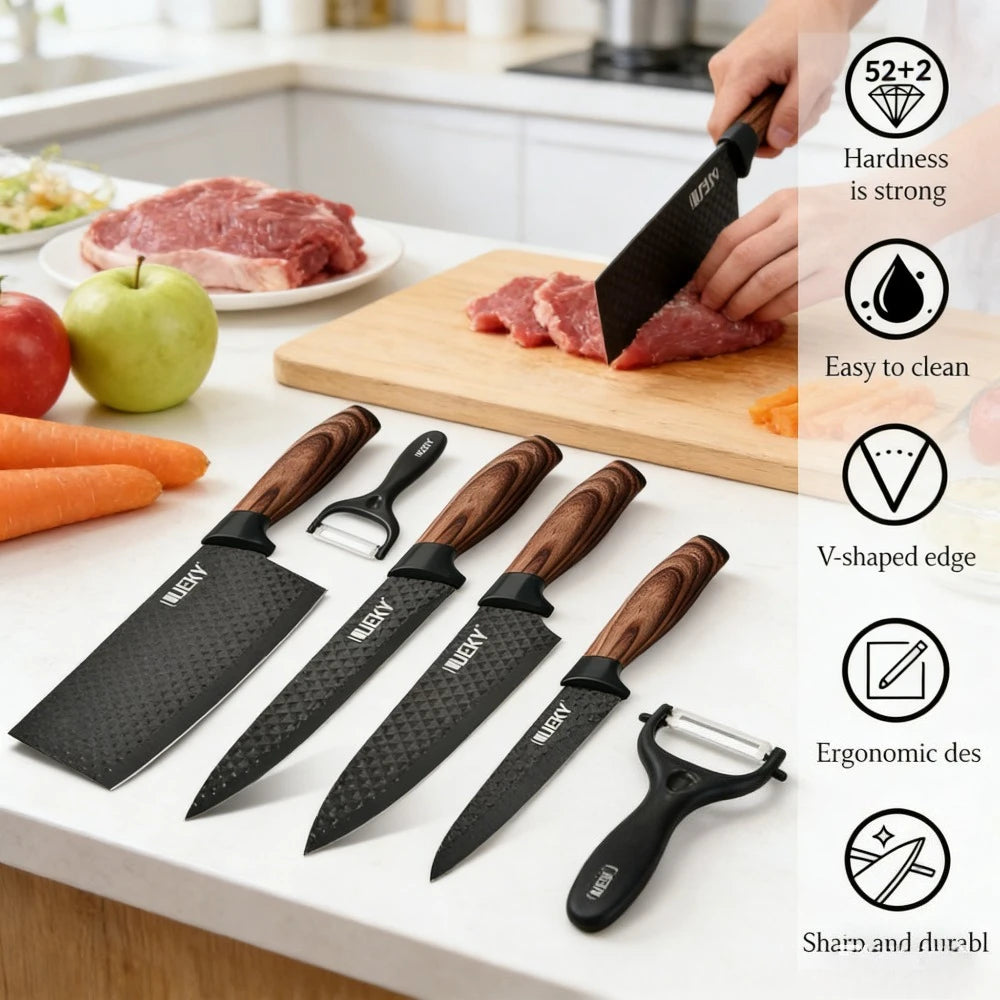 Set di 6 Coltelli da Cucina ZENG con Lame Affilate Antiaderenti, Manico Ergonomico in Legno, Set Completo per Cucinare e Tagliare