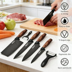 Set di 6 Coltelli da Cucina ZENG con Lame Affilate Antiaderenti, Manico Ergonomico in Legno, Set Completo per Cucinare e Tagliare