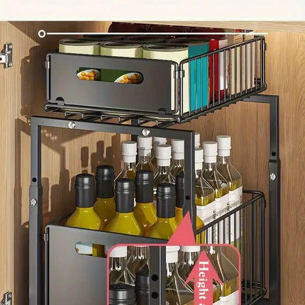 2-Tier Pull-Out Under-Sink Organizer, Adjustable Height, Carbon Steel Sliding Shelf for Kitchen and Bathroom