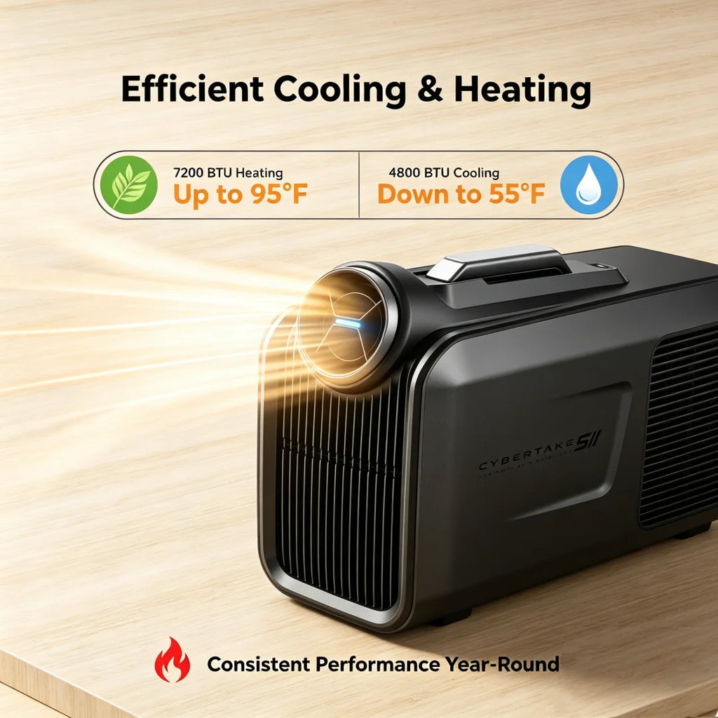 Cybertake S2 Pro Portable Klimaanlage, 5100 BTU Kühlen und 6100 BTU Heizen, Energieklasse A 2.9 EER, leises AC-Gerät mit 4 Modi, wasserdicht IPX4 für Camping, Wohnmobile, Zelte