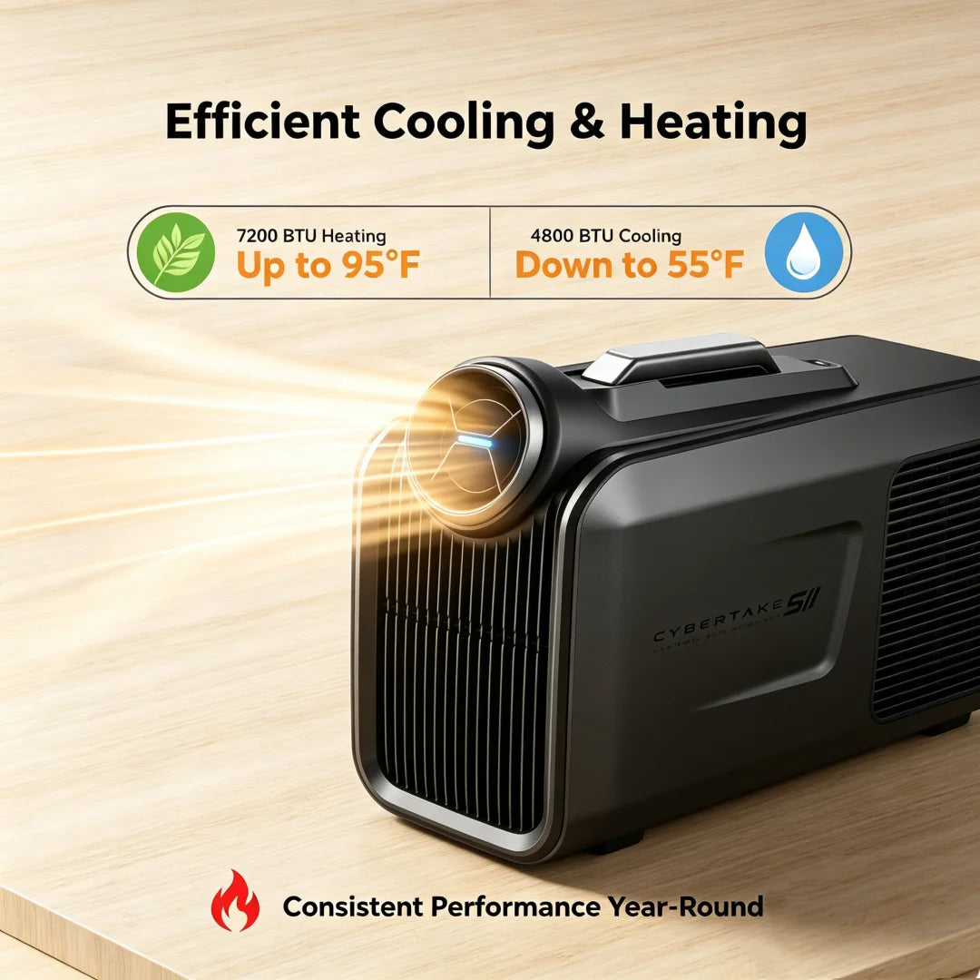 Cybertake S2 Pro Portable Klimaanlage, 5100 BTU Kühlen und 6100 BTU Heizen, Energieklasse A 2.9 EER, leises AC-Gerät mit 4 Modi, wasserdicht IPX4 für Camping, Wohnmobile, Zelte
