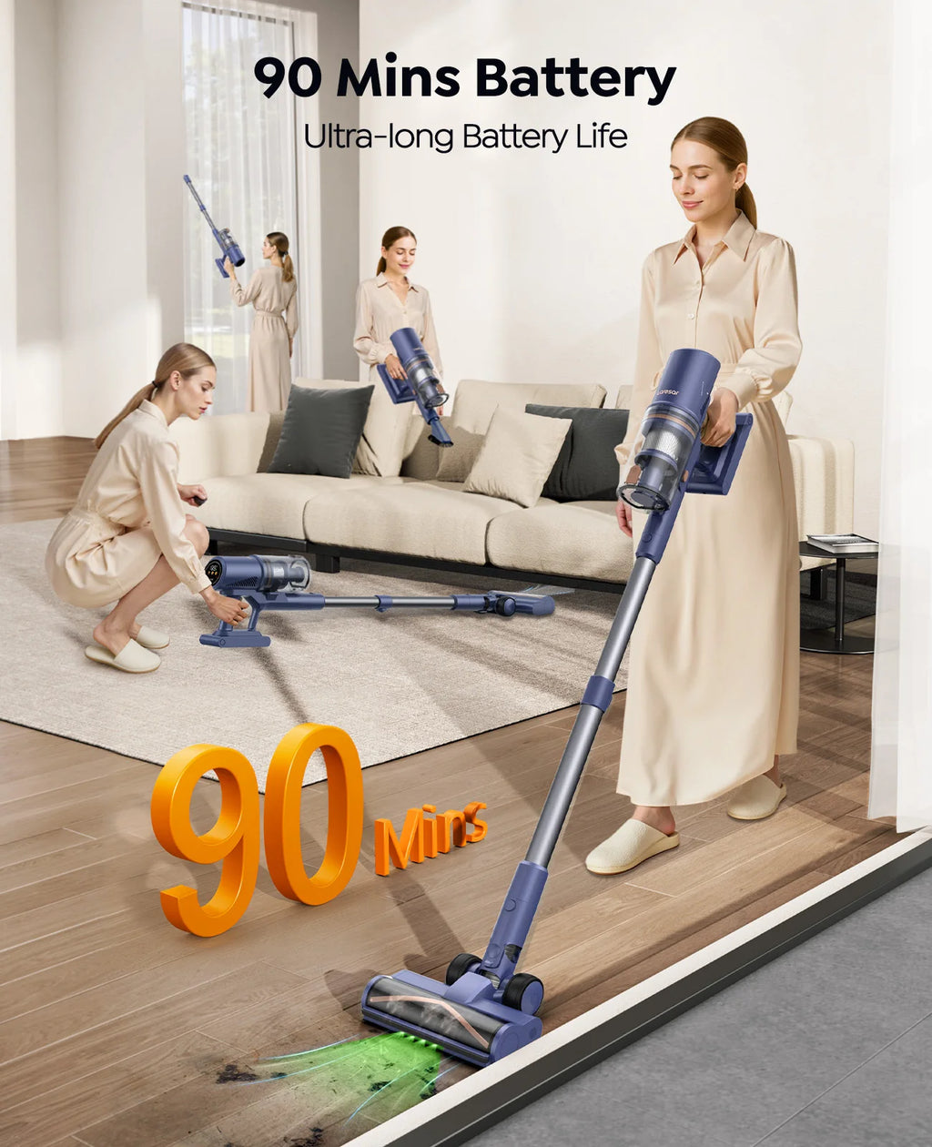 Laresar V11 650W 75000PA Ultra-robuster Akku-Staubsauger, 90 Minuten Laufzeit, herausnehmbarer Akku und intelligentes Display