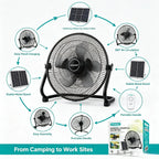 Arrango Solar-Standventilator, groß, wiederaufladbar, leise, 3 Geschwindigkeiten, tragbar, mit Solarpanel, für Camping, Zelt, Outdoor, Notfall, Hausbelüftung