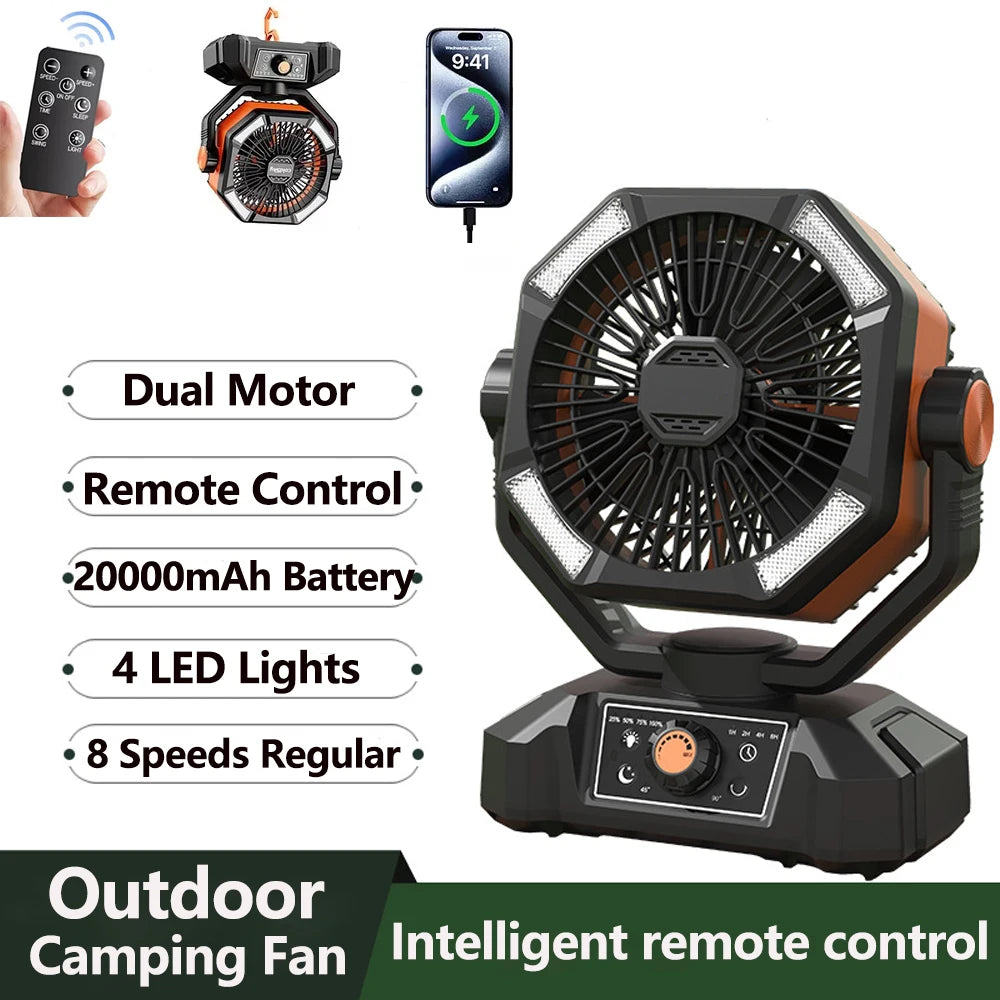 Ventilatore da campeggio con batteria da 20000 mAh con lanterna a 4 LED Ventilatore da tavolo a 8 velocità Ventilatore da esterno portatile per tenda da campeggio all'aperto e pesca