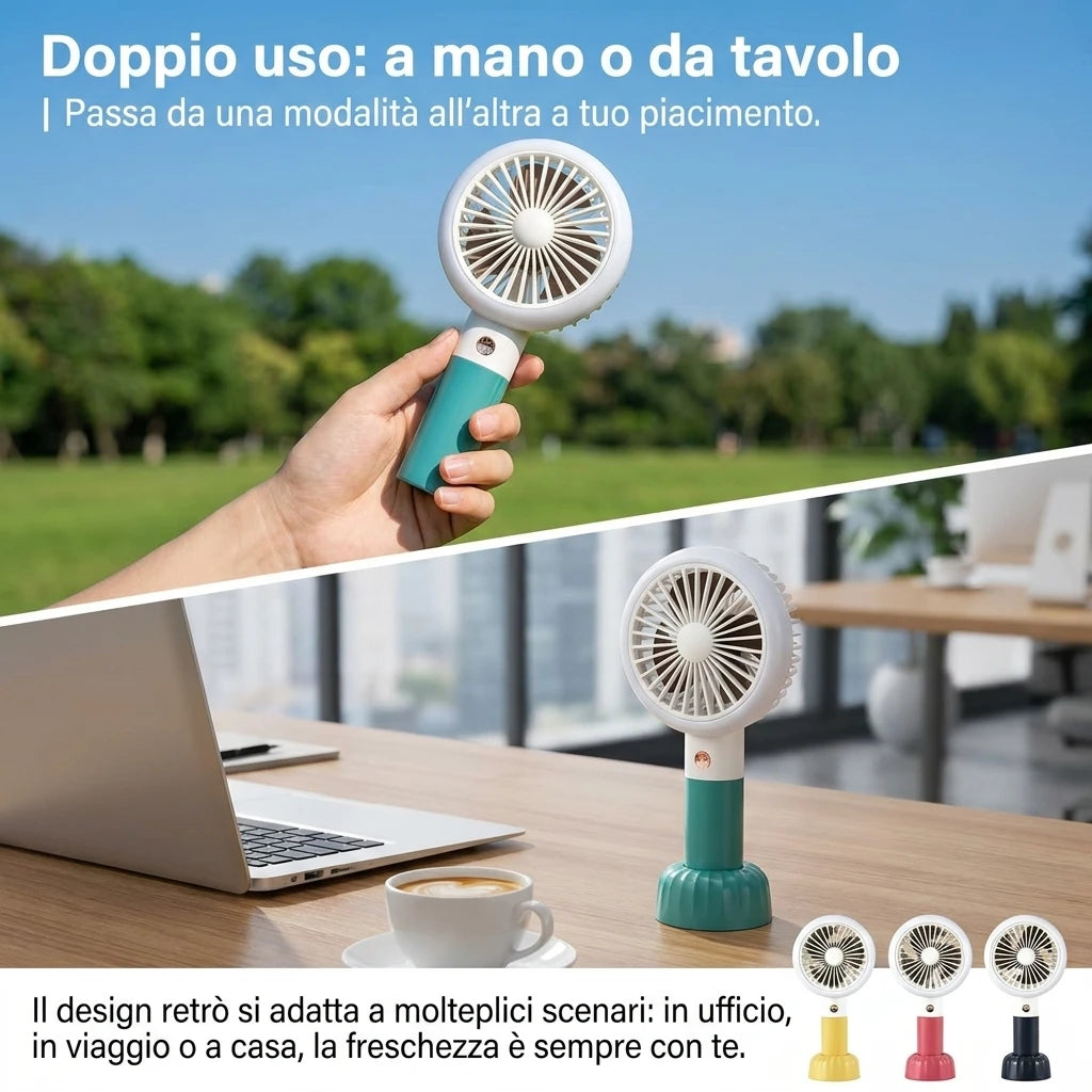 Retro Mini-Handventilator, wiederaufladbar über USB, 3 Windgeschwindigkeiten, batteriebetrieben, Tischventilator, geeignet für Zuhause, Büro, Schlafzimmer, Reisen und Outdoor.