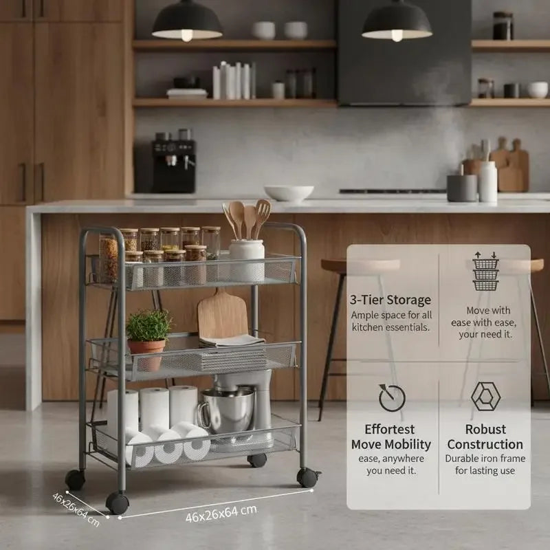 Carrello da Cucina a 3 Ripiani Grigio, 46x26x64 Cm, Materiale in Ferro, Struttura Robusta e Spessa, Organizzazione a Strati, Ruote Universali Flessibili, Antiruggine e Resistente all'Usura, Facile Installazione, Organizzatore