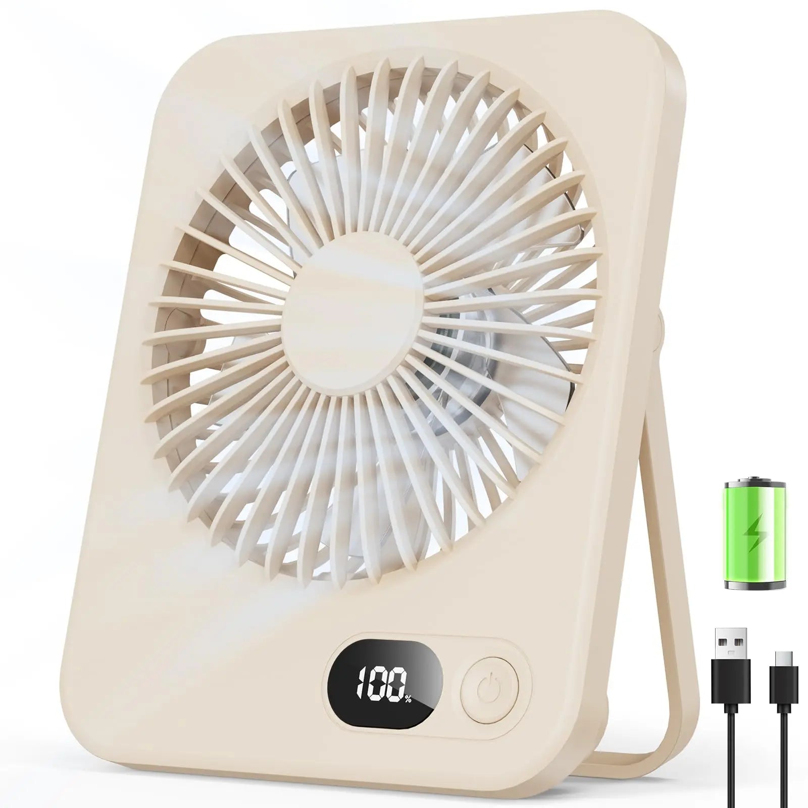 Ventilatore da Tavolo Portatile Beige 3000mAh 5 Velocità Silenzioso 45dB Ricaricabile Type-C 180° Indicatore LED della Batteria
