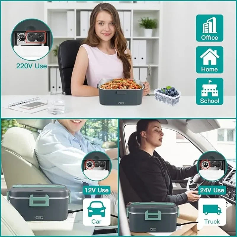 Elektrischer Speisenwärmer, 80W, schnelles Aufheizen, tragbarer 1,8L Lebensmittelbehälter für Auto 12V und Zuhause 220V, auslaufsicherer Edelstahl-Speisenwärmer mit Kühltasche und Besteck