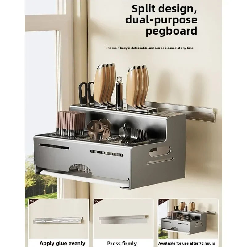 Porta Utensili da Cucina Multifunzionale con Porta Bacchette Integrato, Organizzatore da Parete Senza Foratura per Coltelli e Utensili