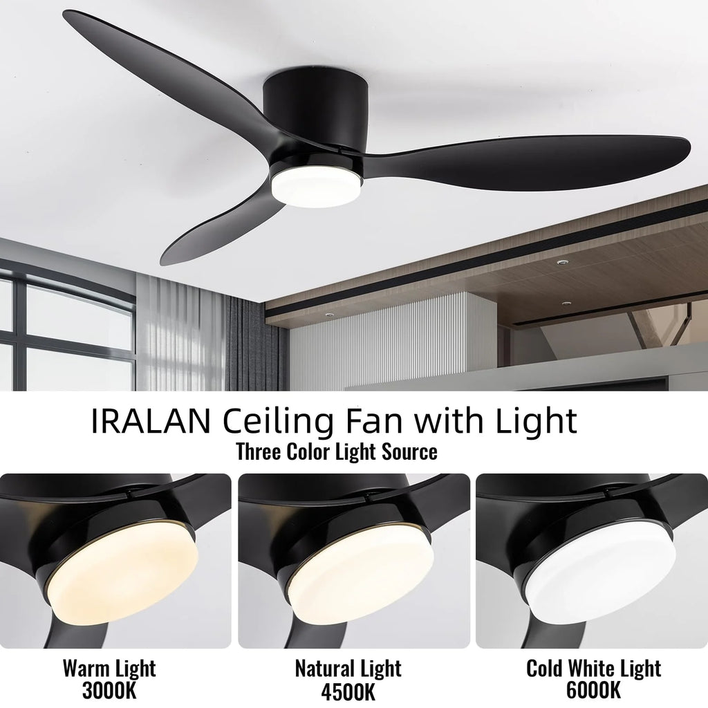 Ventilatore da Soffitto IRALAN con Luce, Motore DC Silenzioso a Risparmio Energetico, 3 Colori Variabili, 6 Velocità Regolabili, per Camera da Letto e Soggiorno